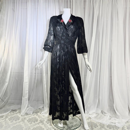 1940s Vintage Dressing Gown Robe, Sheer Black Floral Burnout maxi length Hostess Gown