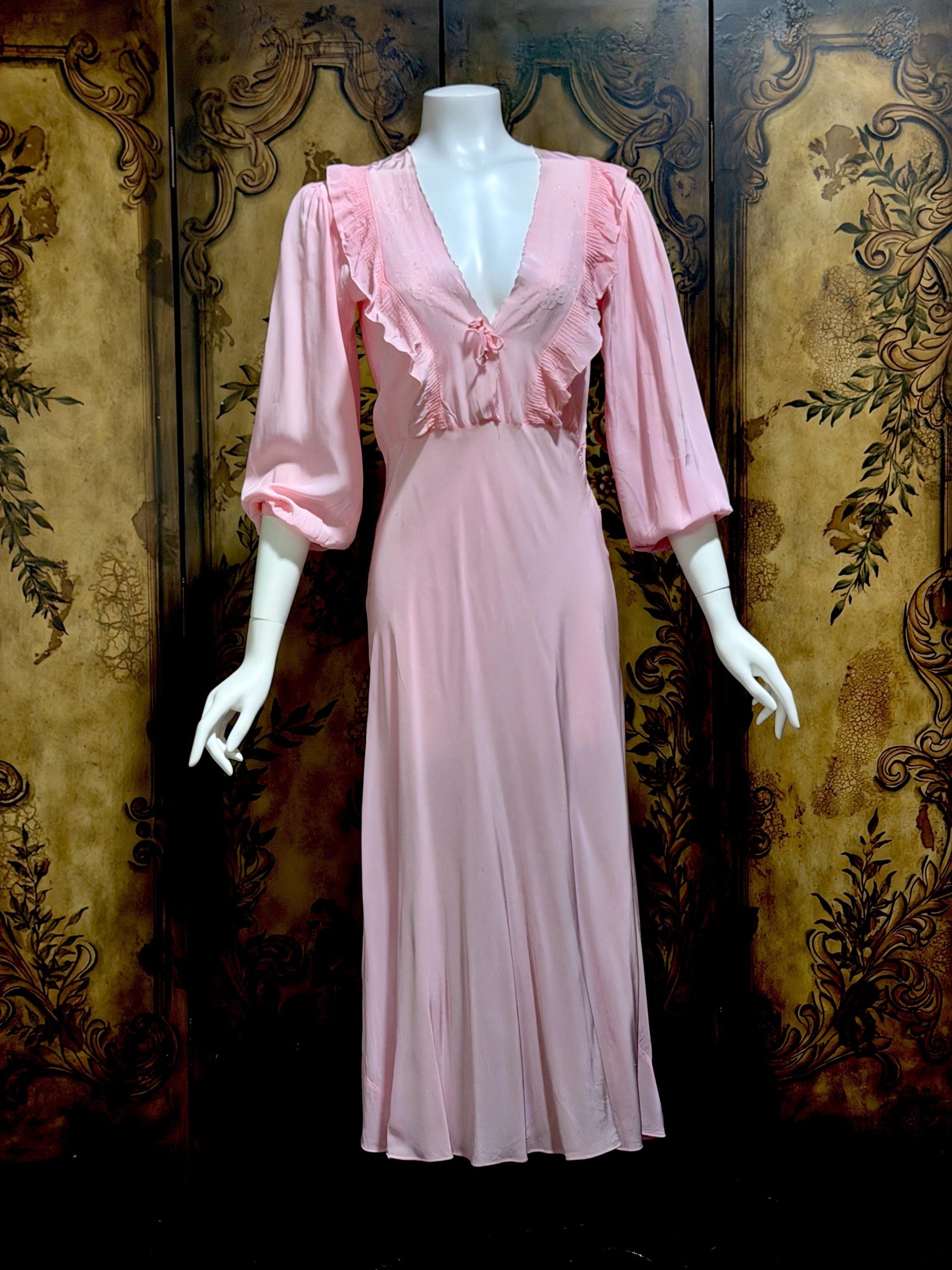 1940s Vintage Nightgown Lingerie Dress, Pink bias cut rayon House dress