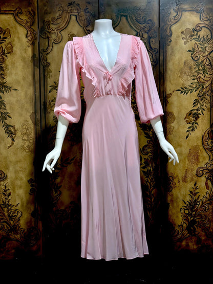 1940s Vintage Nightgown Lingerie Dress, Pink bias cut rayon House dress