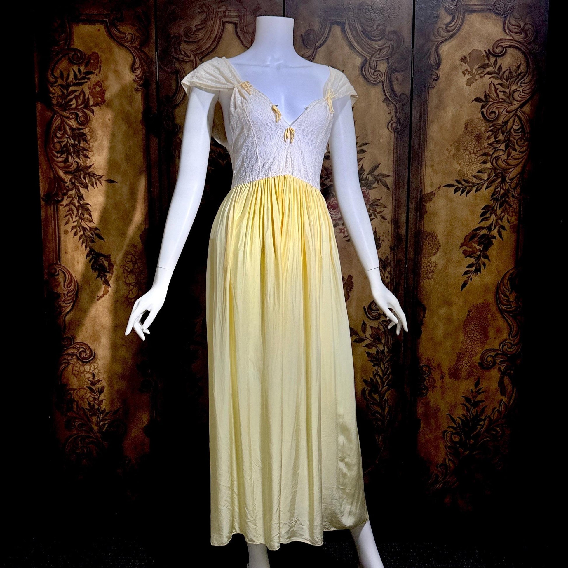 1940s Vintage Nightgown Slip dress, White Yellow Rayon lingerie dress