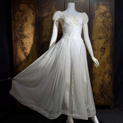 1940s Vintage White Dress, Sheer white lace and chiffon Nylon lingerie dress