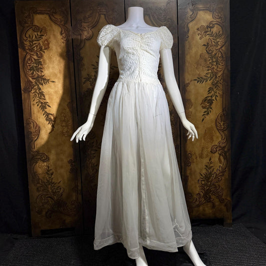 1940s Vintage White Dress, Sheer white lace and chiffon Nylon lingerie dress