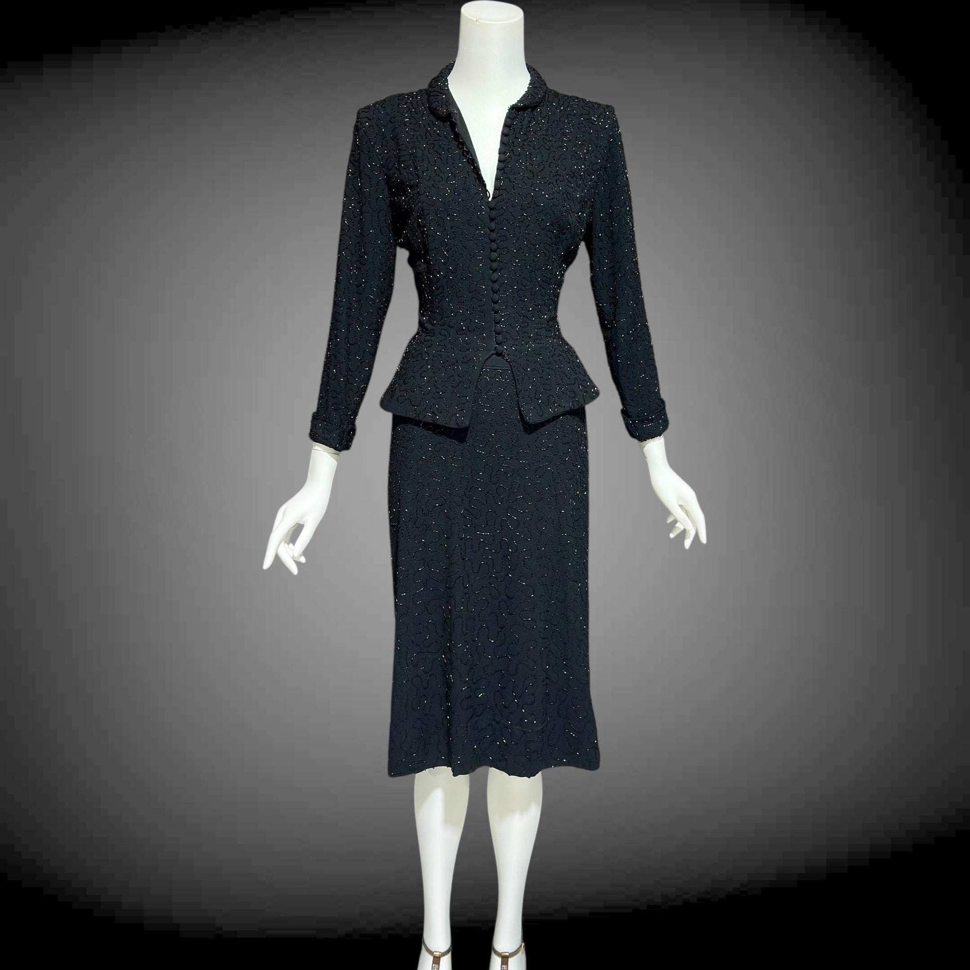 CEIL CHAPMAN vintage 1940s Beaded Evening Suit, Black crepe Cocktail Skirt and Jacket set