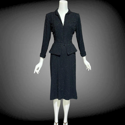 CEIL CHAPMAN vintage 1940s Beaded Evening Suit, Black crepe Cocktail Skirt and Jacket set