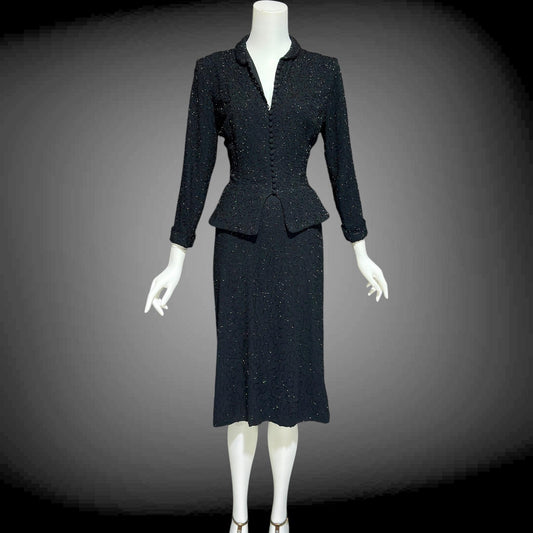 CEIL CHAPMAN vintage 1940s Beaded Evening Suit, Black crepe Cocktail Skirt and Jacket set