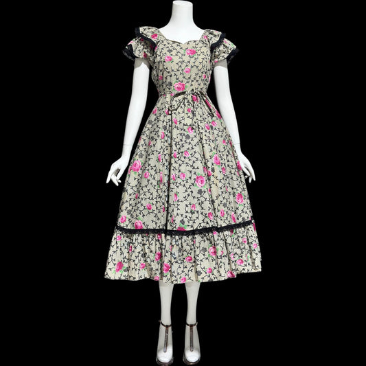 DORNA GORDON, vintage 1940s floral dress, Rose print cotton full circle day dress