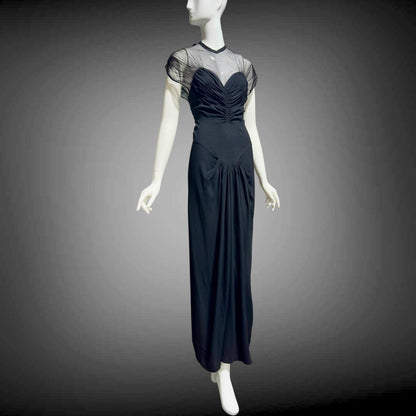 DOROTHY O'HARA vintage 1940s evening dress gown, Black crepe and mesh illusion neckline sheath gown