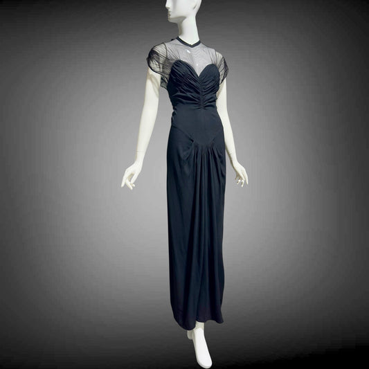 DOROTHY O'HARA vintage 1940s evening dress gown, Black crepe and mesh illusion neckline sheath gown