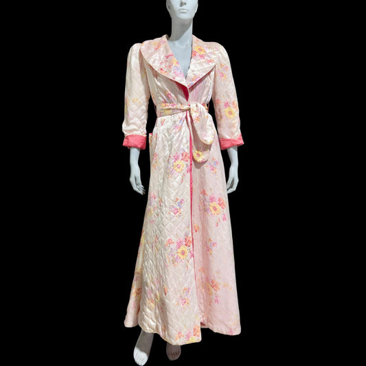 1940s Vintage Quilted Dressing Gown: White and hot pink floral satin wrap front robe