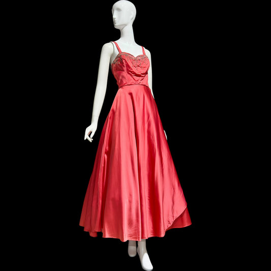 JULIUS GARFINCKEL & CO, vintage 1940s liquid satin beaded evening dress gown, Coppery Coral