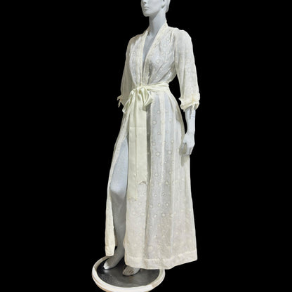 KICKERNICK Lingerie, vintage 1940s Sheer Dressing Gown: White eyelet Robe, Wrap front