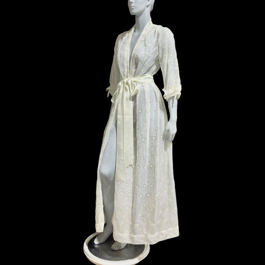 KICKERNICK Lingerie, vintage 1940s Sheer Dressing Gown: White eyelet Robe, Wrap front