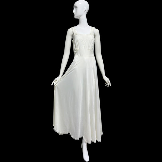 Kickernick, vintage 1940s Nightgown slip dress, white nylon scalloped full sweep night dress, full length
