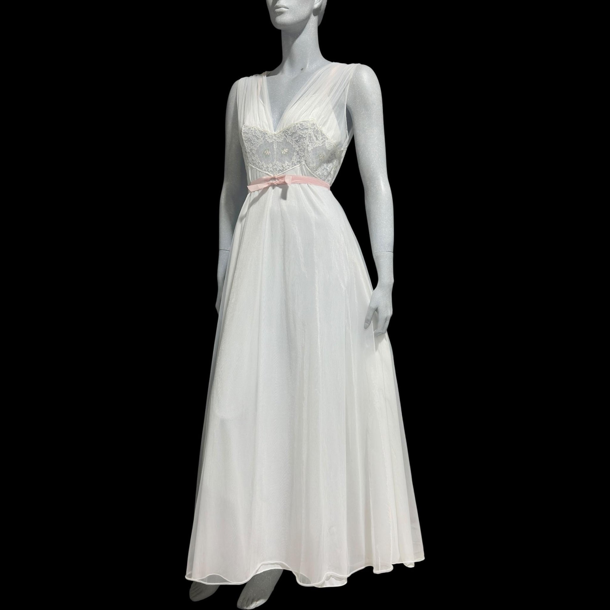 LAROS, Vintage 1940s nightgown slip dress, white double chiffon with pink embroidered flowers, wedding night dress
