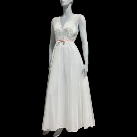 LAROS, Vintage 1940s nightgown slip dress, white double chiffon with pink embroidered flowers, wedding night dress