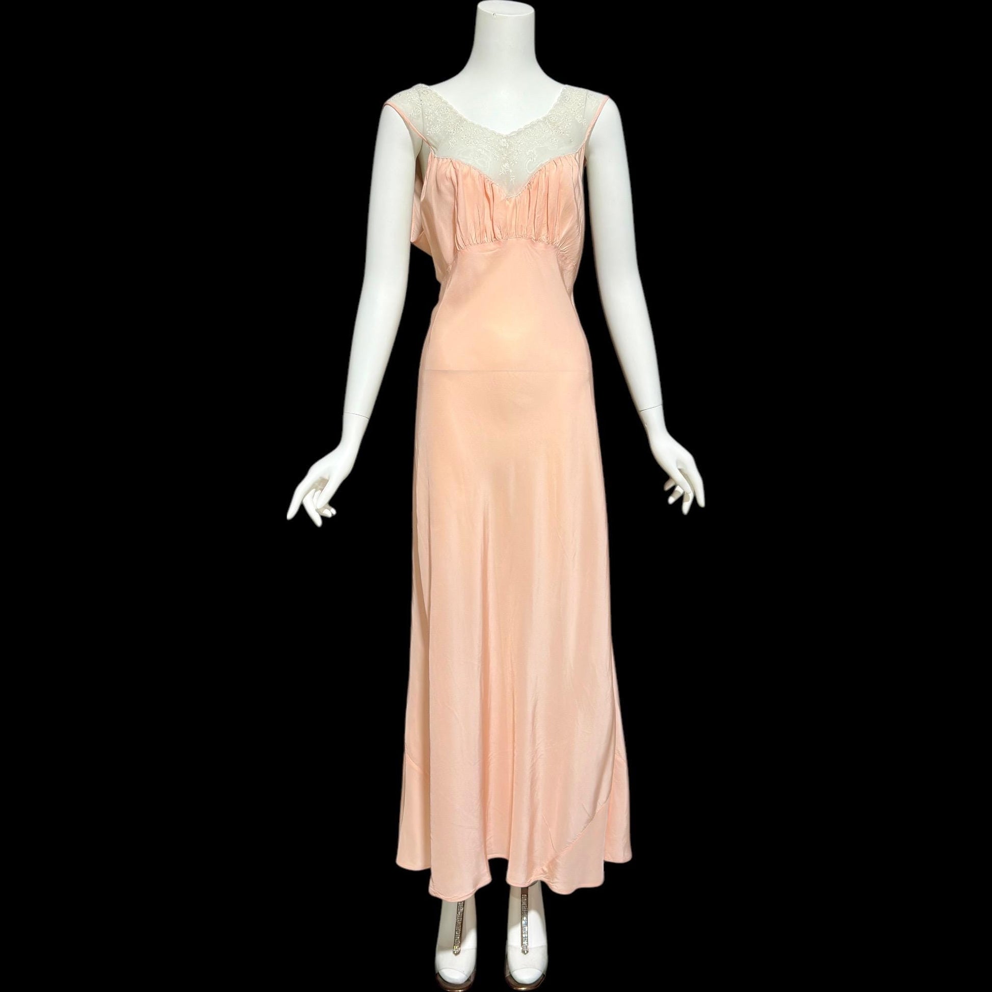 LAURA LANE, vintage 1940s nightgown slip dress, Shiny petal pink bias cut night dress, full length