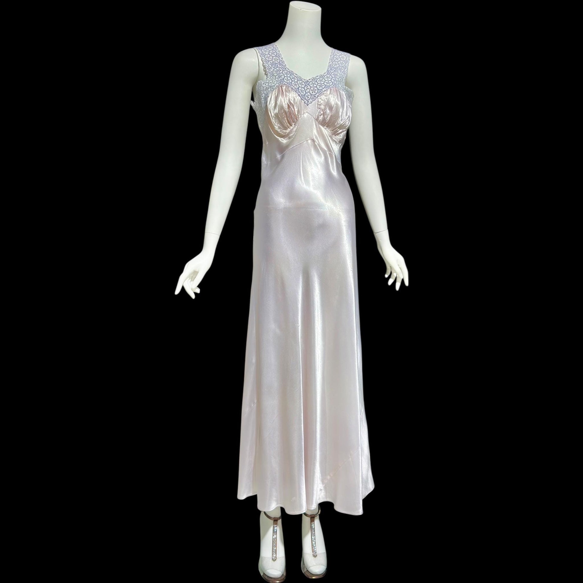 1940s vintage Nightgown slip dress, Shiny bias cut lavender night dress, full length with blue eyelet lace