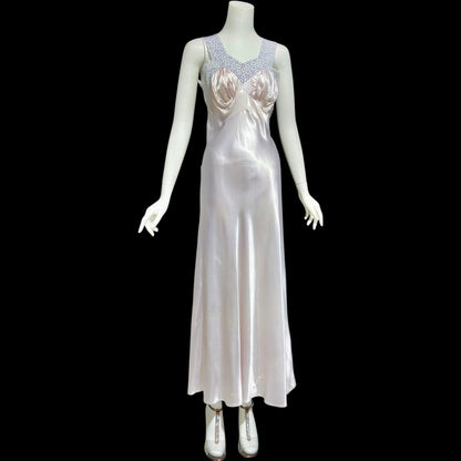 1940s vintage Nightgown slip dress, Shiny bias cut lavender night dress, full length with blue eyelet lace