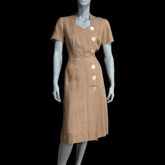 MOYGASHEL vintage 1940s taupe color linen day dress, coat dress, wrap button front dress