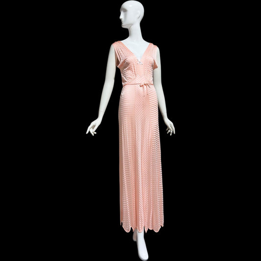 LORRAINE vintage 1940s nightgown slip dress, Shiny peachy pink bias cut slip dress, full length