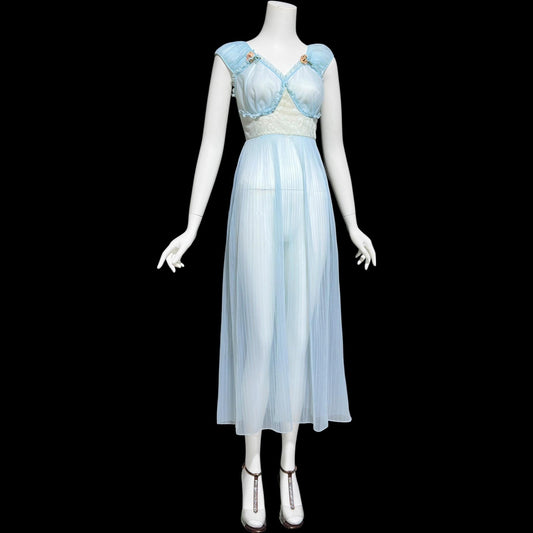 1940s Sheer Nightgown Slip Dress: Totally sheer powder blue micro pleat Old Hollywood Night Dress