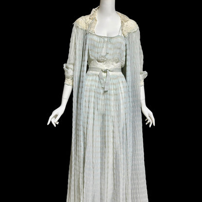 TULA, vintage 1940s nightgown robe set, powder blue striped sheer seersucker peignoir set