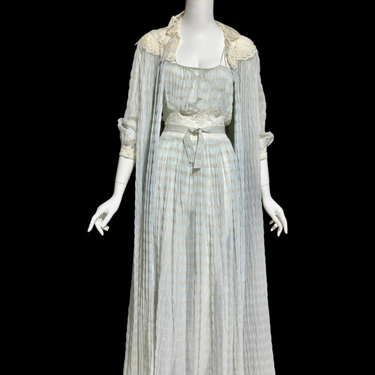 TULA, vintage 1940s nightgown robe set, powder blue striped sheer seersucker peignoir set