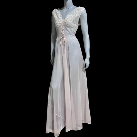 ODETTE BARSA vintage 1940s nightgown slip dress, Sheer pale pink with white lace full sweep Old Hollywood gown