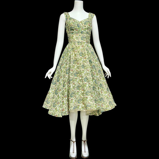 JD JUNIOR ACCENT, vintage 1940s dress, Bombshell Cocktail party sundress, Shelf bust dress, Green paisley rhinestone pinup dress