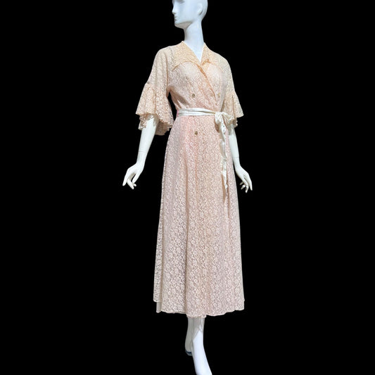 FLOBERT Vintage 1940s dressing gown robe, dusty pink sheer nylon lace wrap front full sweep housecoat hostess dress