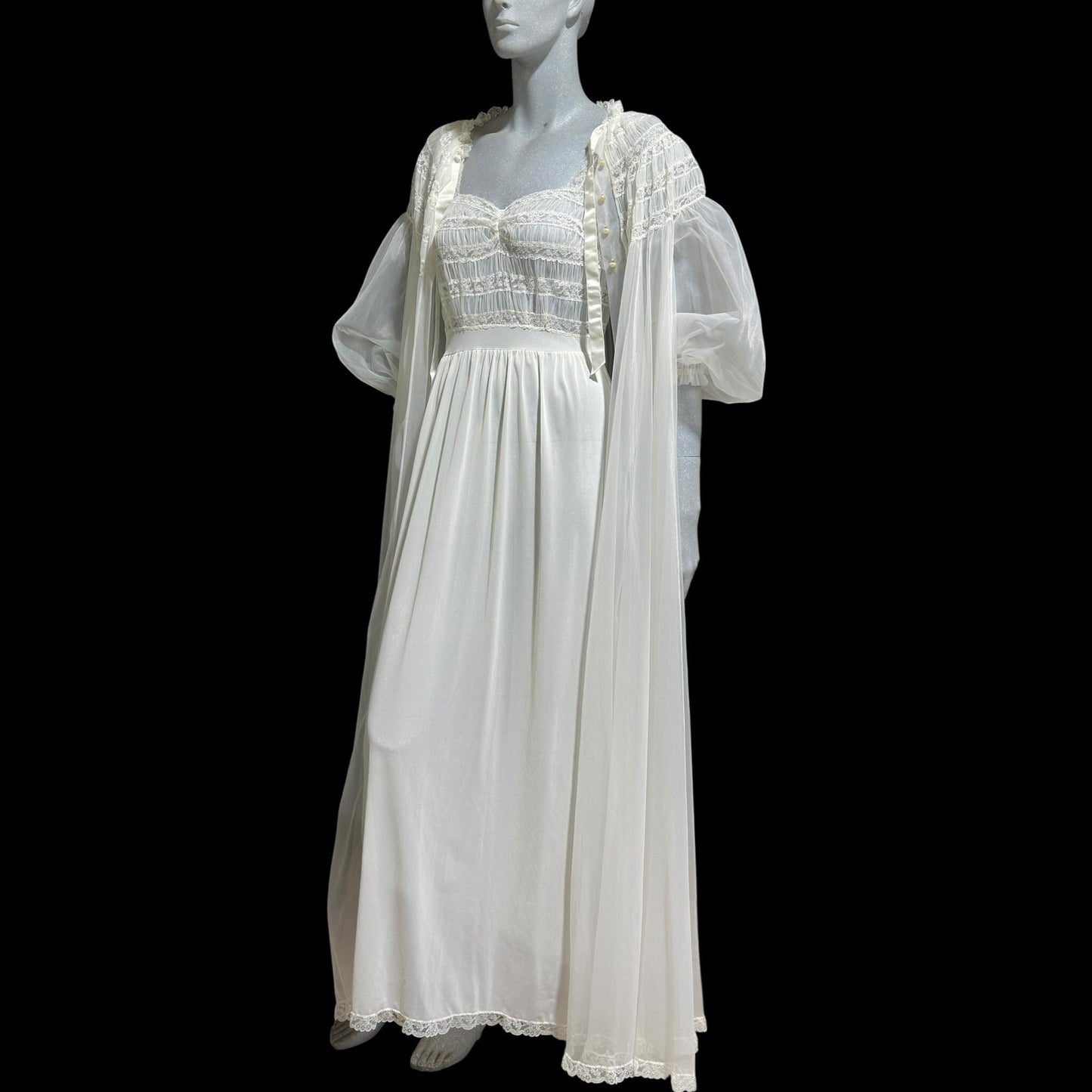 RADCLIFFE vintage 1940s nightgown robe set, bridal white chiffon wedding peignoir slip dress set