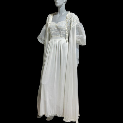 RADCLIFFE vintage 1940s nightgown robe set, bridal white chiffon wedding peignoir slip dress set
