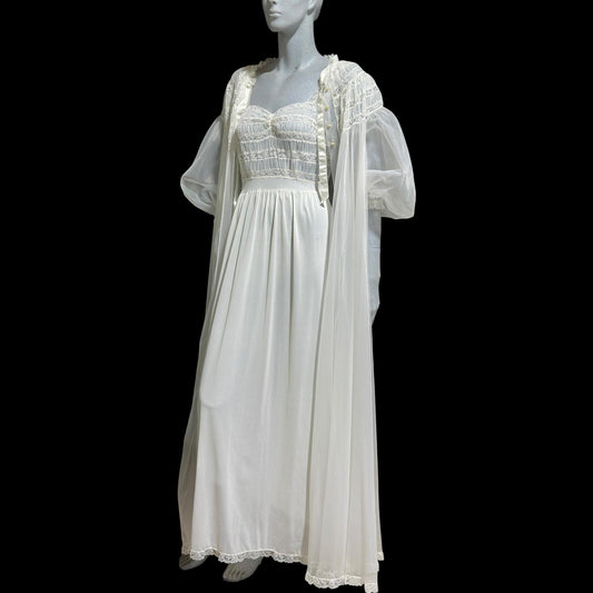 RADCLIFFE vintage 1940s nightgown robe set, bridal white chiffon wedding peignoir slip dress set