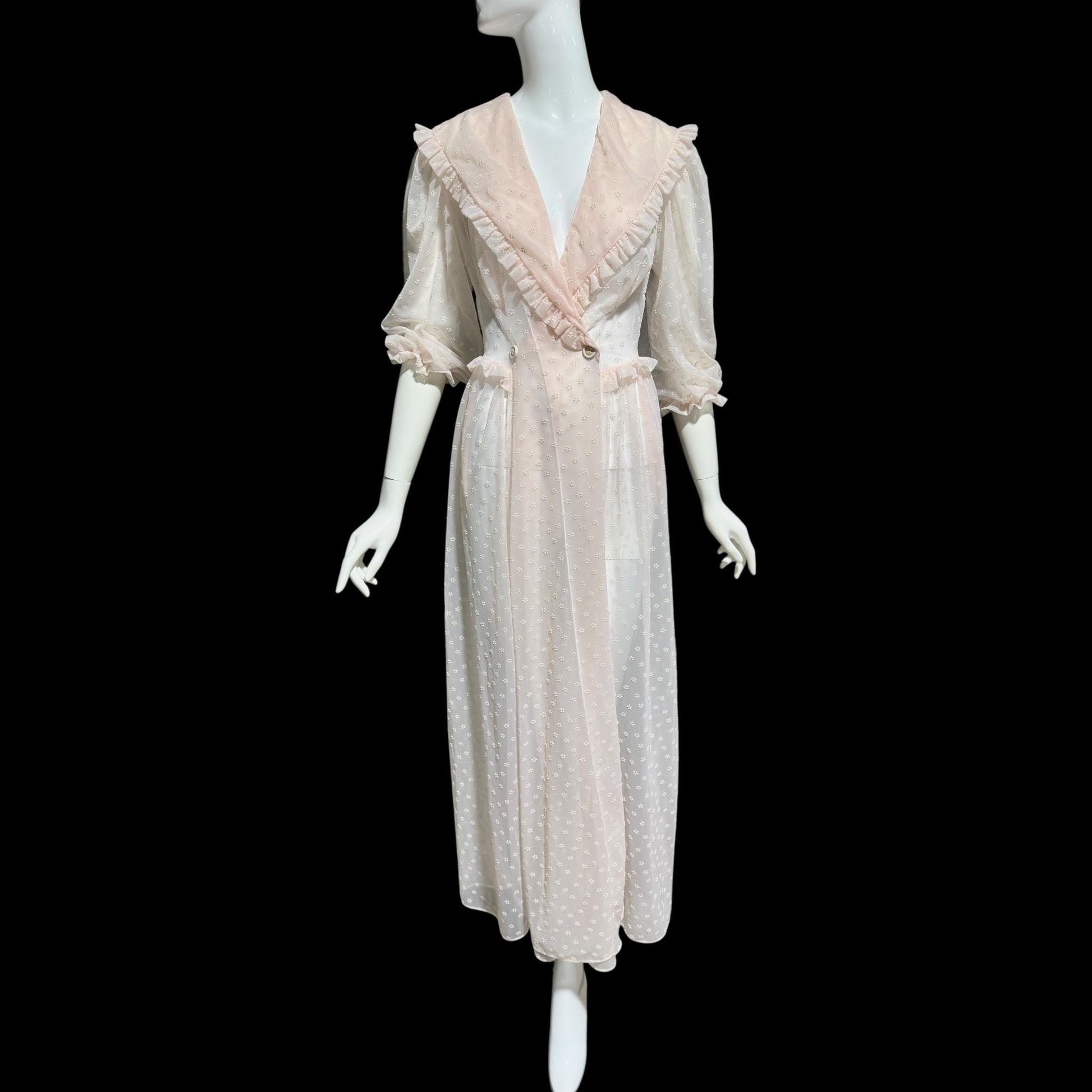 VANITY FAIR, 1940s Sheer Dressing Gown: Vintage Pink Flocked Robe, Wrap front
