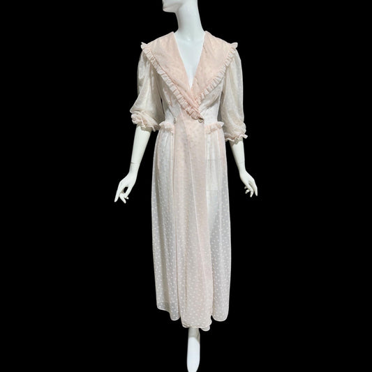 VANITY FAIR, 1940s Sheer Dressing Gown: Vintage Pink Flocked Robe, Wrap front