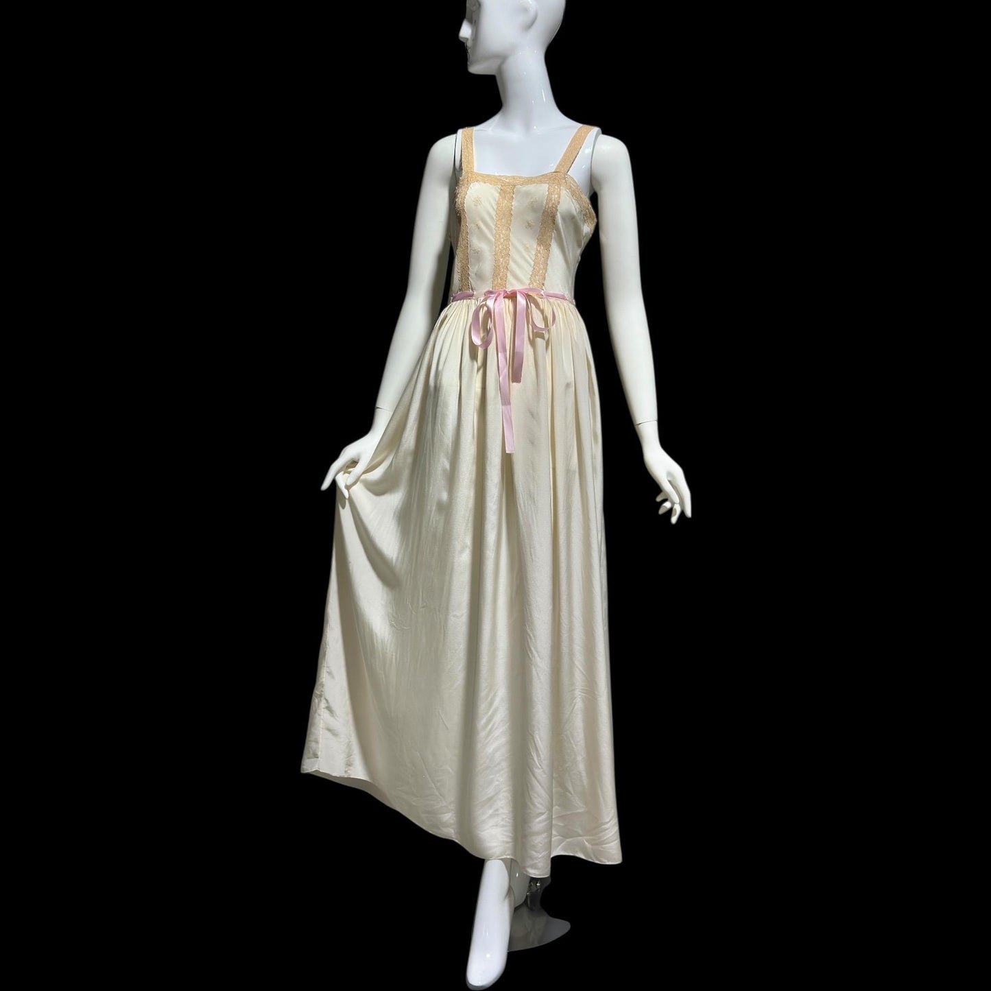 VERONICA vintage 1940s Silk Nightgown slip dress, Hand Made Pure Silk embroidered lace slip dress, full length