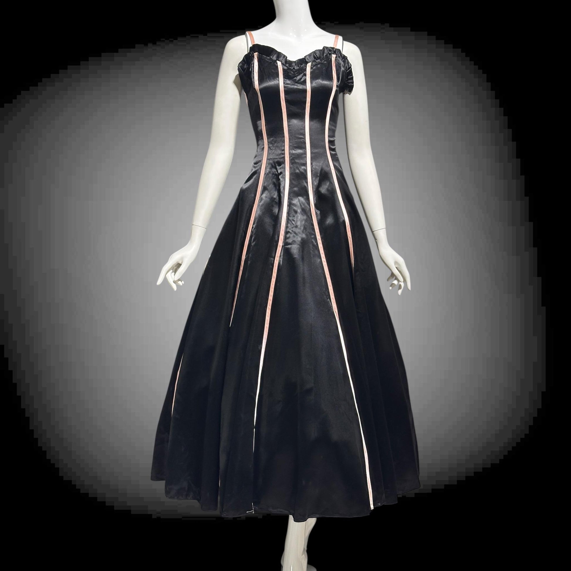 1940s vintage Evening Ball Gown: Black Shiny Satin full sweep formal dress with pink ribbon stripes
