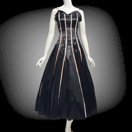 1940s vintage Evening Ball Gown: Black Shiny Satin full sweep formal dress with pink ribbon stripes