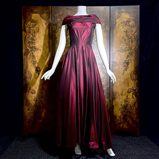 1940s vintage Evening Ball Gown, Deep Burgundy Shiny Satin Full Sweep Formal Dress