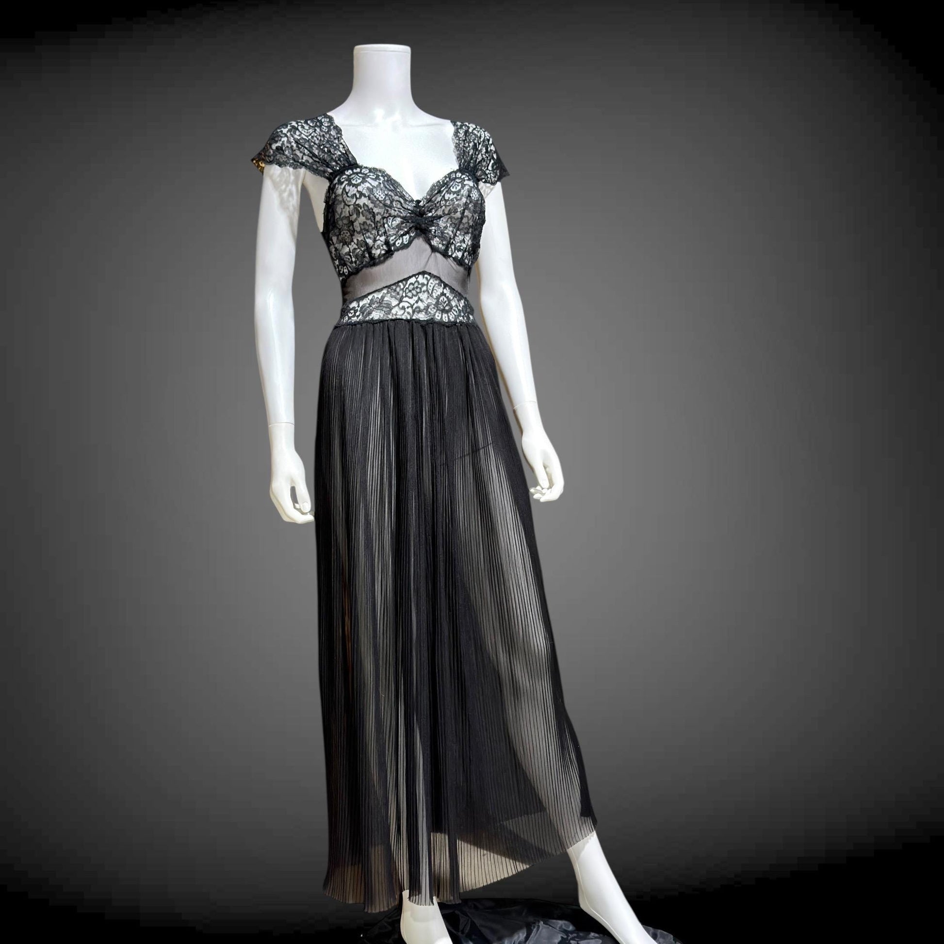 1940s vintage Nightgown Slip Dress, Sheer Black nylon and lace full length lingerie dress