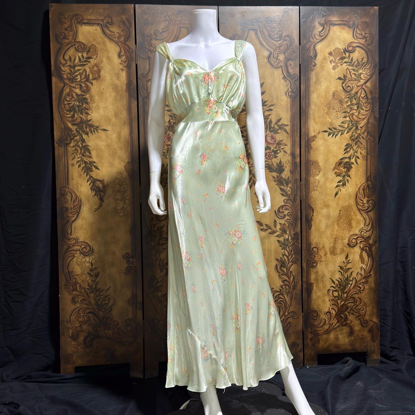 1940s vintage Nightgown slip dress, Bias Cut Green floral print Lingerie dress