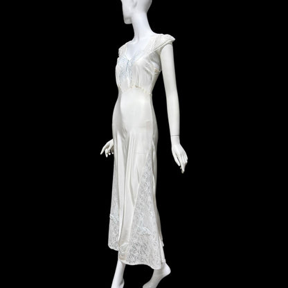 1940s vintage Nightgown slip dress, White Butterfly motif full length lingerie dress