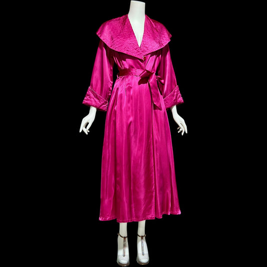 GLORIA NEW YORK, vintage 1940s dressing gown robe, Magenta slipper satin huge collar wrap front housecoat