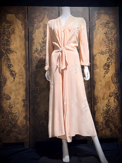 1940s vintage dressing gown robe, LYN DELLE powder pink zip front lingerie dress