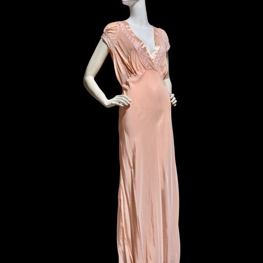 1940s vintage nightgown slip dress, Shiny peach bias cut rayon slip dress, full length, cap sleeves