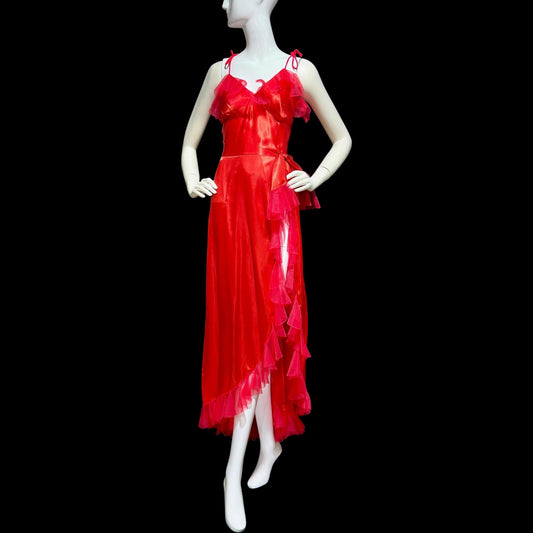 1940s vintage nightgown slip dress, Shiny lipstick red satin with a sheer mesh tulle ruffled trim