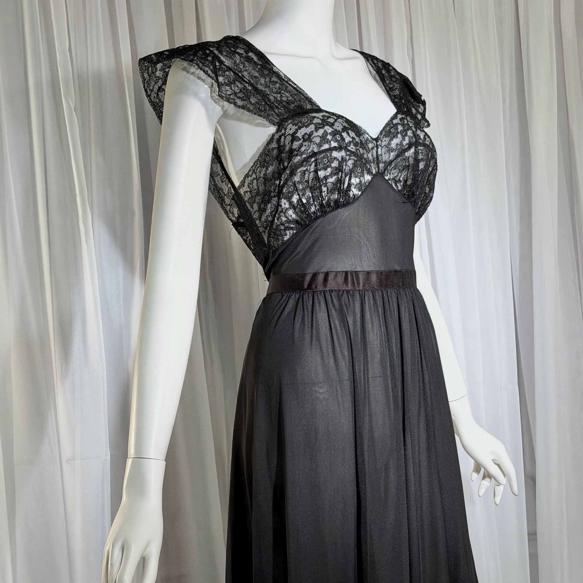 1940s vintage nightgown slip dress, AMERICAN MAID sheer black long lingerie dress, medium