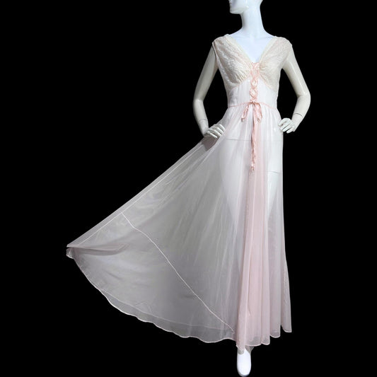 ODETTE BARSA vintage 1940s nightgown slip dress, Sheer pale pink with white lace full sweep Old Hollywood gown