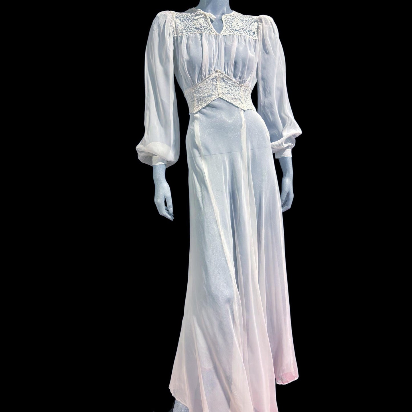 1940s vintage wedding bridal dress, Sheer white Long Sleeve fit flare full length gown
