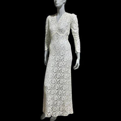 1940s vintage wedding bridal dress, white see through lace sheath full length gown